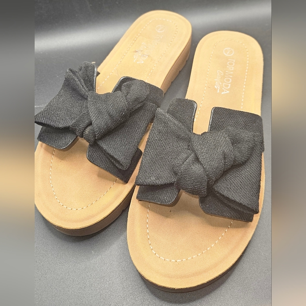 Topman Black Bow Slide Sandals with Tan Footbed
